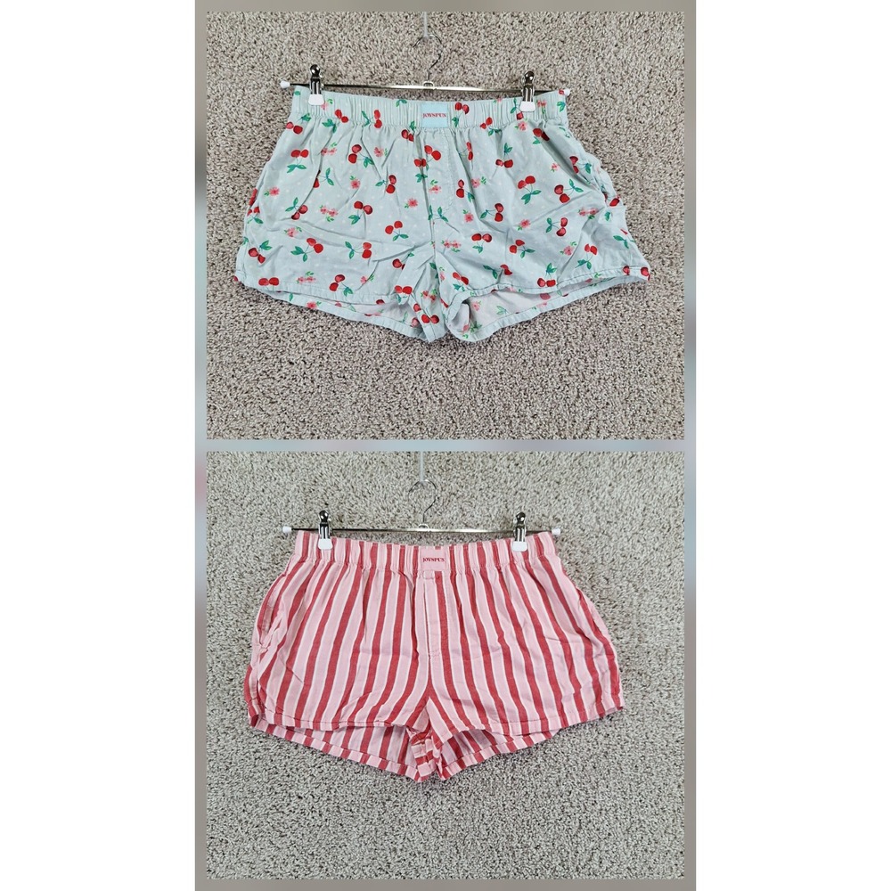 Joyspun Pajama Shorts Women M Light Blue Cherry & Pink Stripe 2-Pack Sleepwear